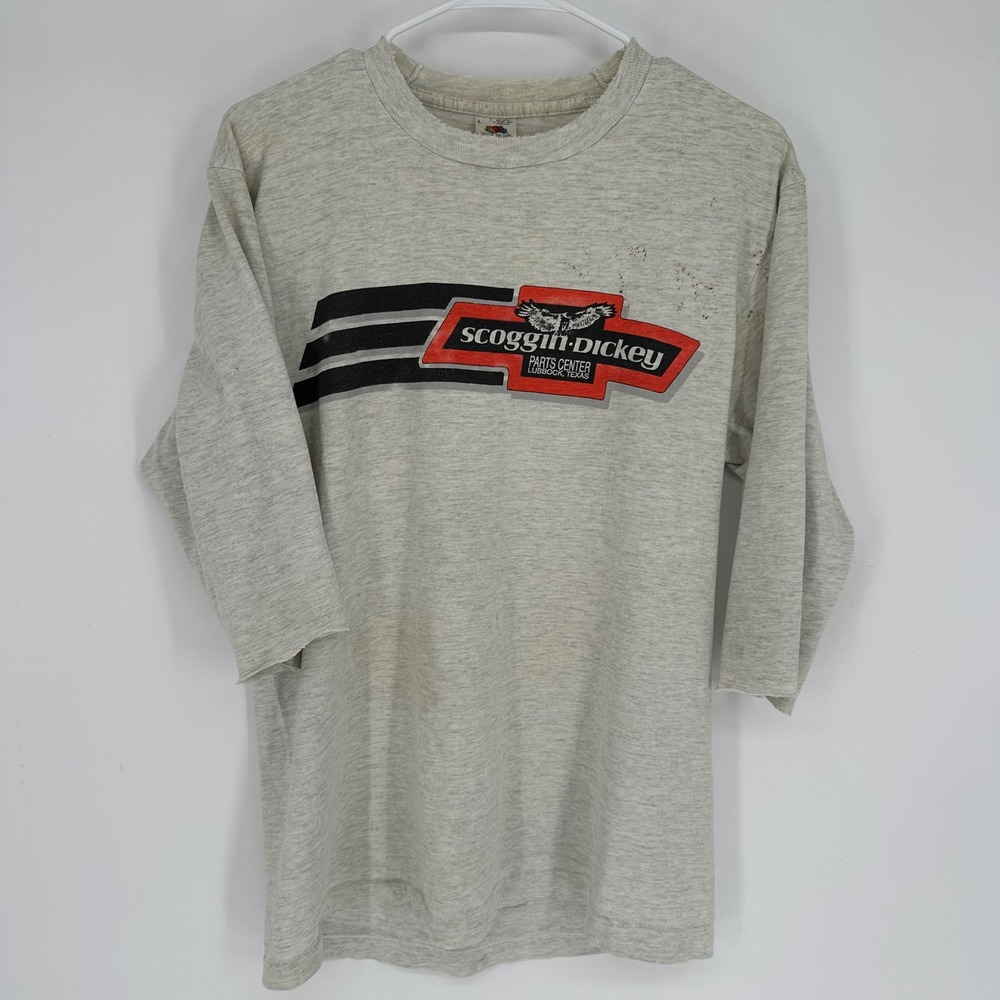 Vintage 90s Scoggin-Dickey Chevy Parts Mustang Shirt Gray Distressed Mens L USA